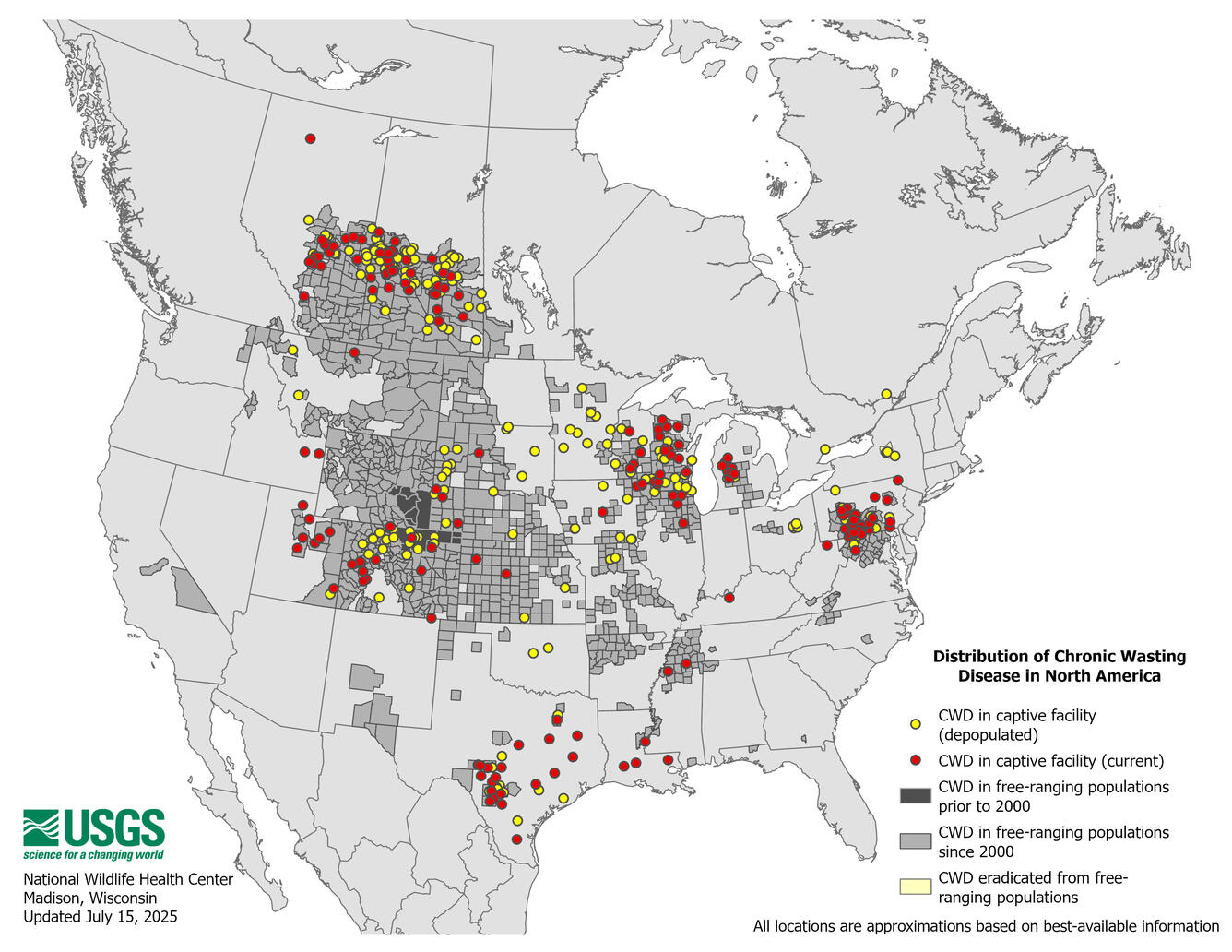 Distribution of Chronic Wasting Disease in North America Jul 2025