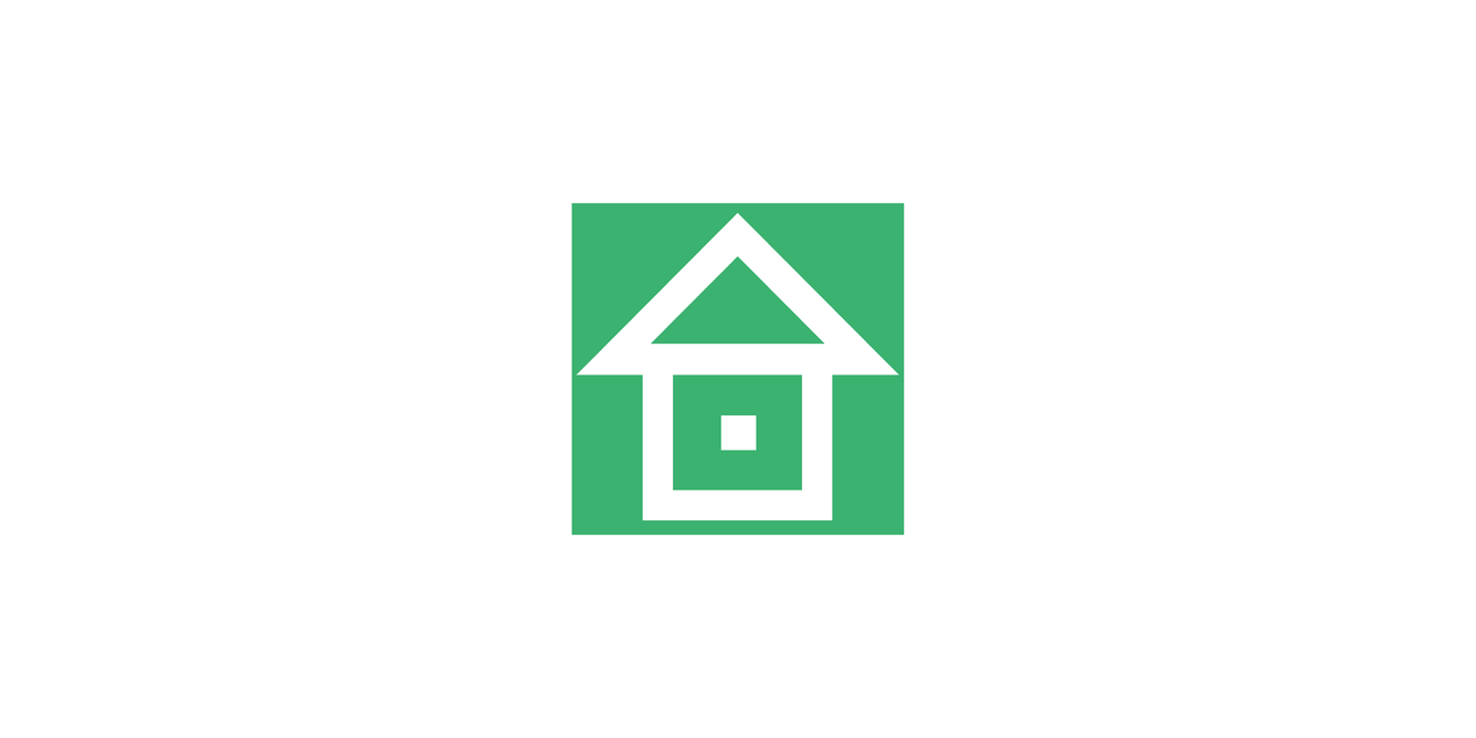 White outline of a cabin on top of a green background.