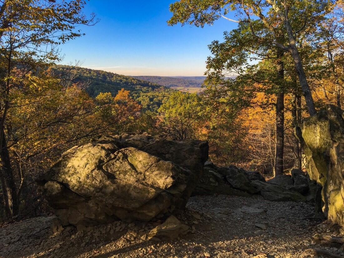This image shows a vista in Catoctin Mountain Park.  Elevations within the park reach higher than 1,500 ft.