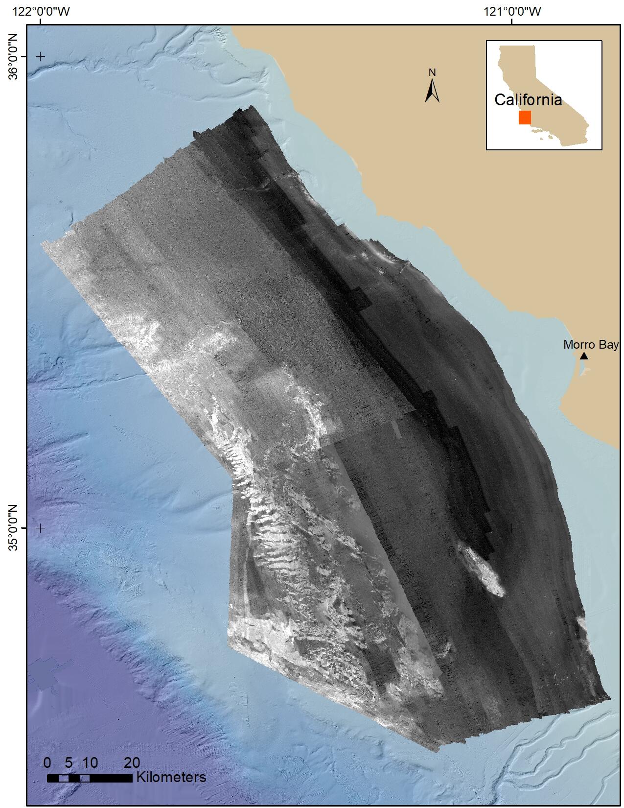 Map of a seafloor area showing the features in shades.