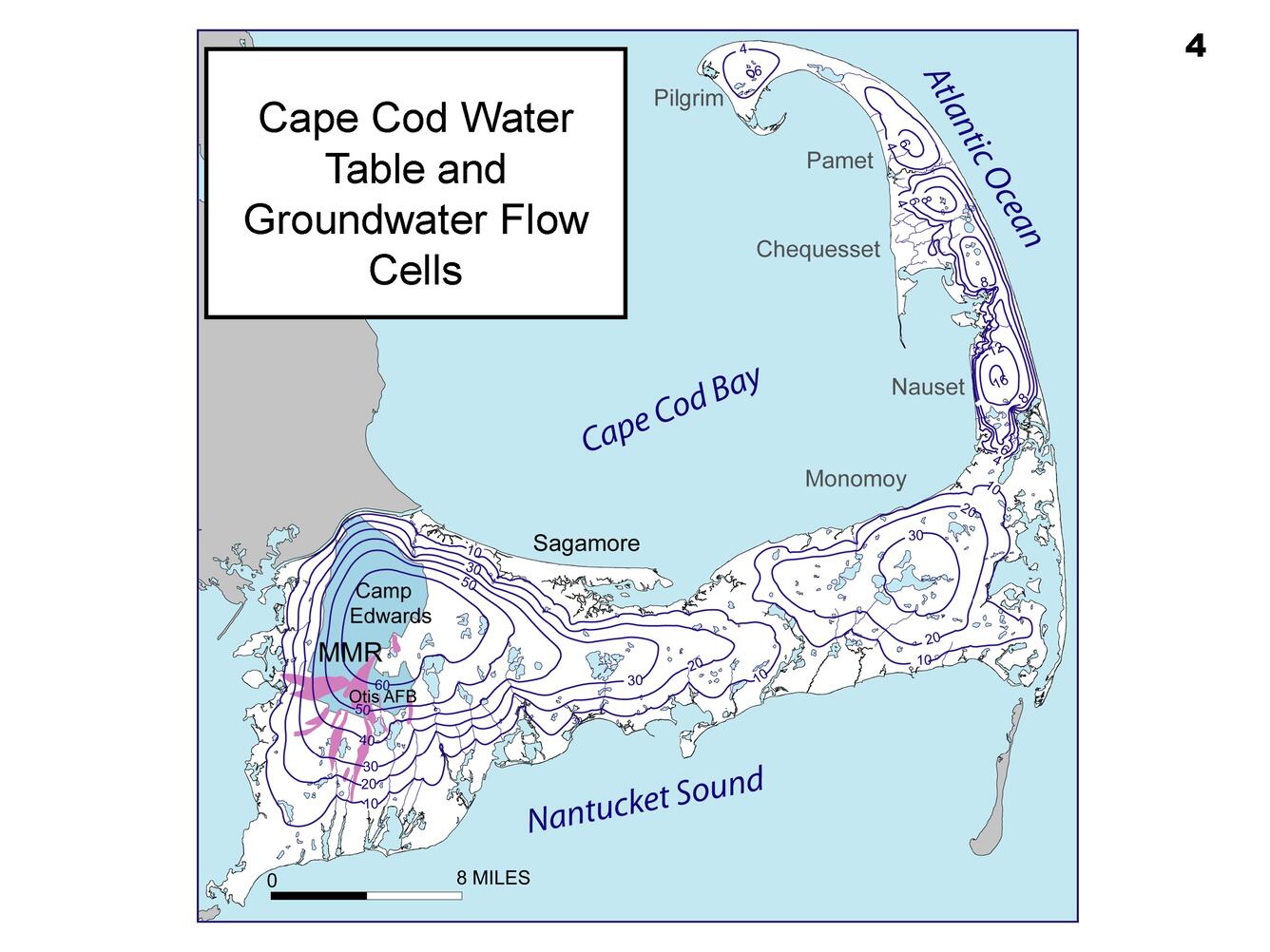 A map of Cape Cod with circular lines indicating locations of groundwater flow.