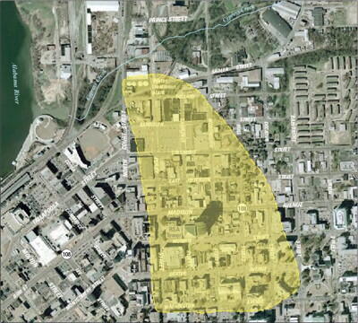 Translucent yellow area on a satellite image