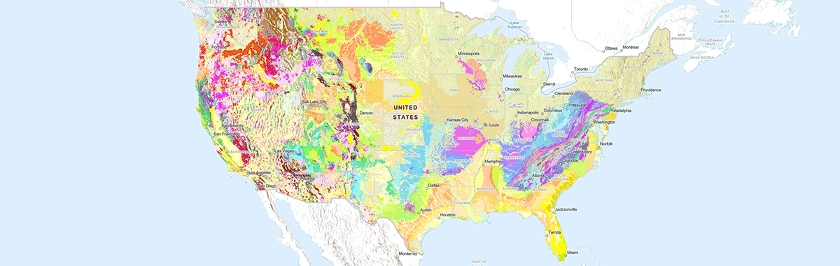 An animated image of different multi-colored geologic maps of the nation fading in and out. 