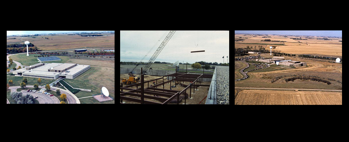 A panel of three photos showing the campus of EROS, including one with an addition under construction
