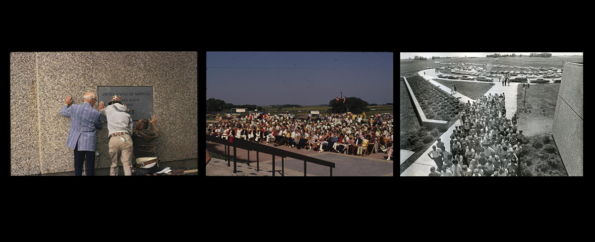 Three photos showing two men installing a plaque on a wall, a crowd seated outside, and a crowd near a building entrance