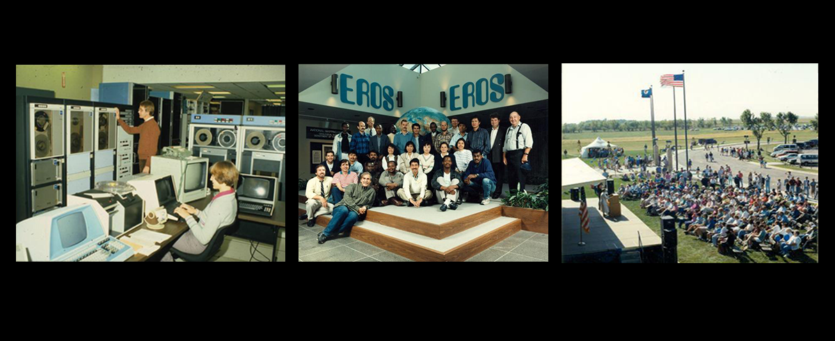 A panel of three photos, one showing computer equipment; one showing a group posing and one showing a crowd seated outdoors 