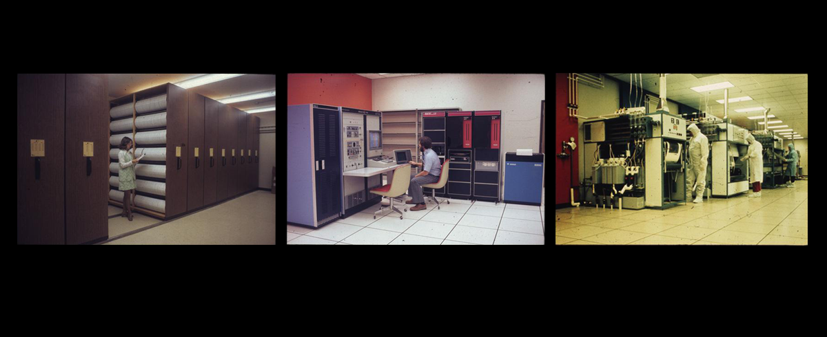 A trio of photos in a row with large equipment from the 1970s