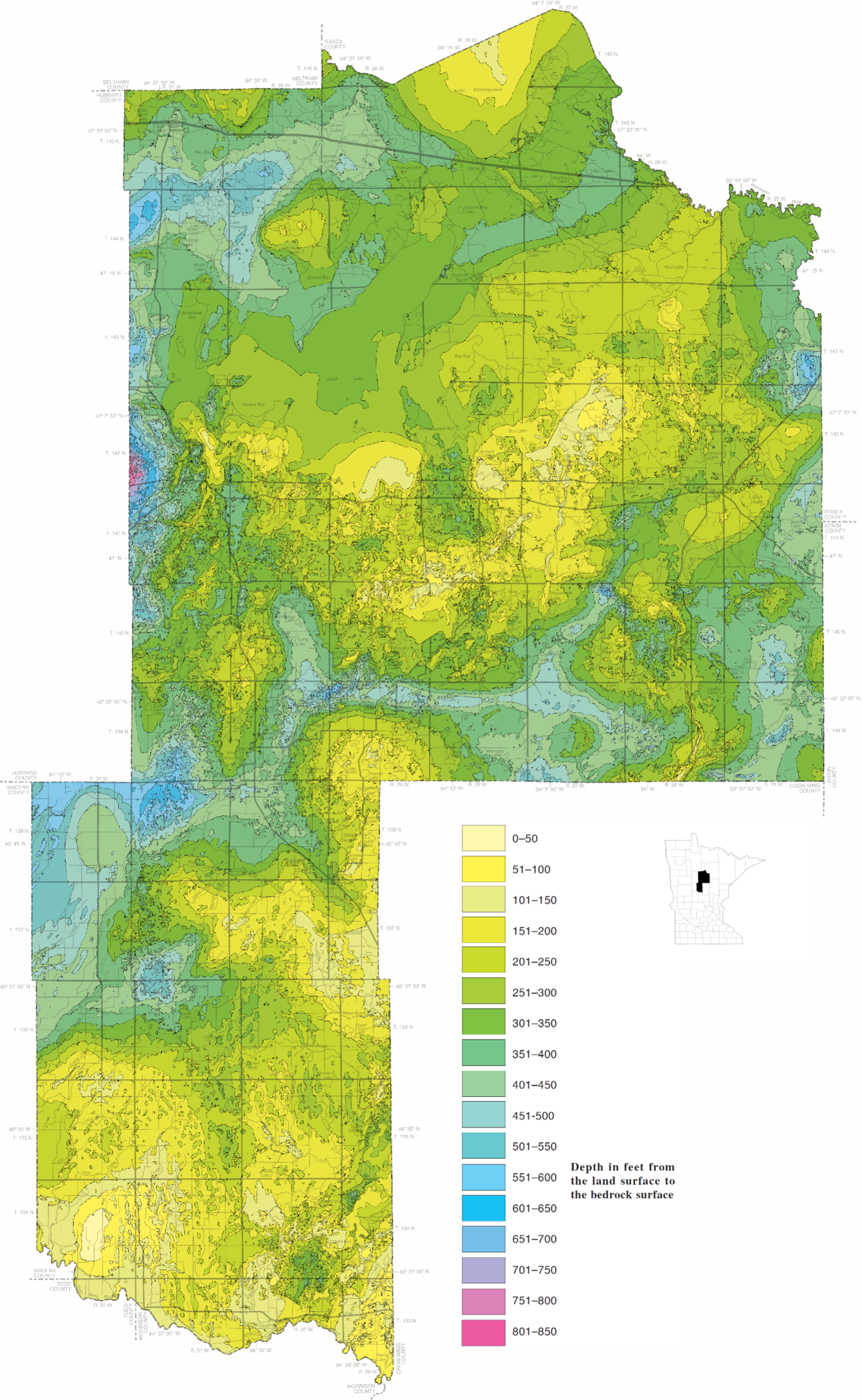 Map in colors ranging from yellow to green to blue to pink depicting increasing depth to bedrock within Cass County, Minnesota.