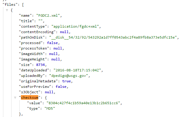 Screenshot showing the checksum field in the JSON of a ScienceBase page.