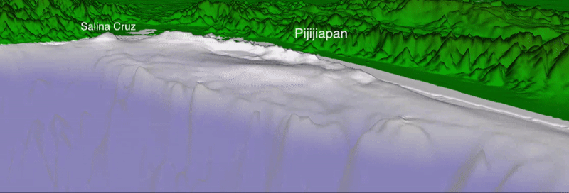 3-D Animation shows the land in the distance with slow rippling waves that roll towards the land and then start sloshing.