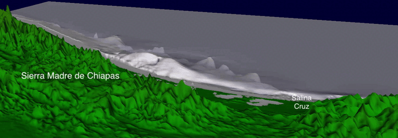 3-D Animation shows the land in the distance with slow rippling waves that roll towards the land and then start sloshing.