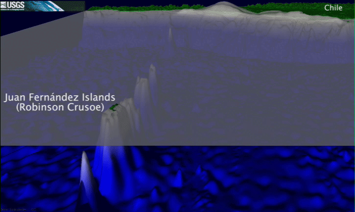Animation shows an cartoon of a coastal area, the ocean surface, and the seafloor, then waves develop and grow in size.