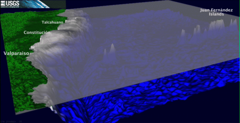 Animation shows an cartoon of a coastal area, the ocean surface, and the seafloor, then waves develop and grow in size.