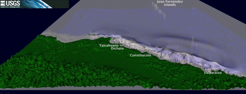Animation shows an cartoon of a coastal area, the ocean surface, and the seafloor, then waves develop and grow in size.