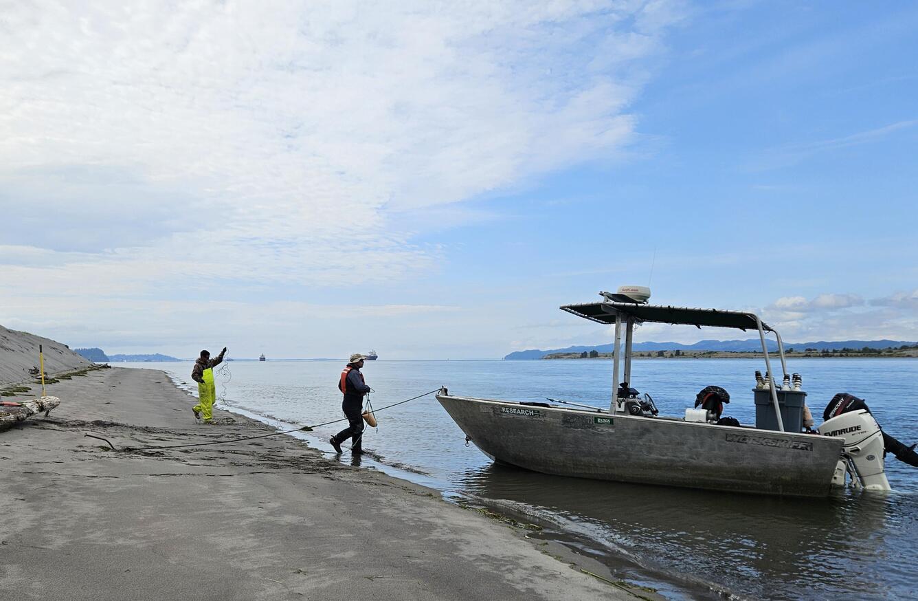 USGS researchers walking to a boat on the Columbia River, OR