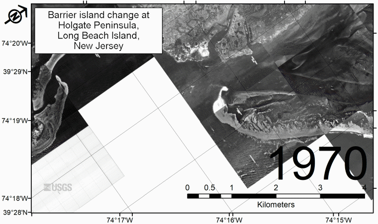 Animation displays an island spit lengthening between the years of 1970 and 2017.