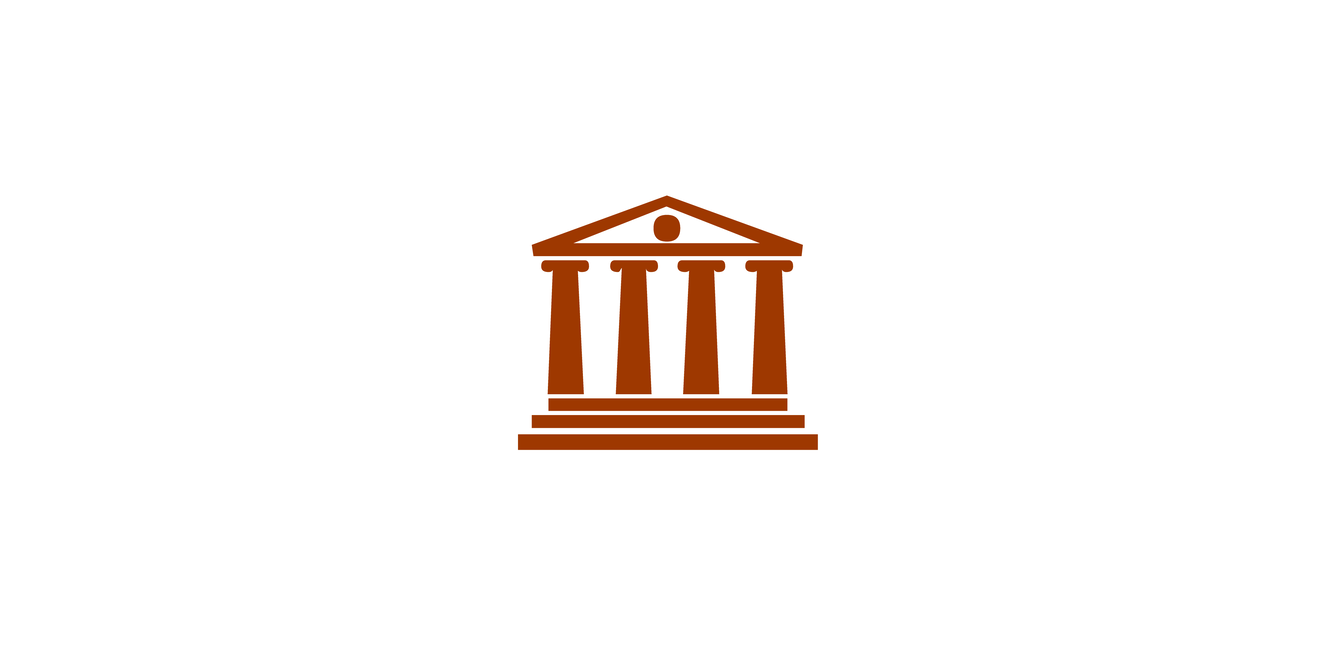 Reddish brown building with four columns.
