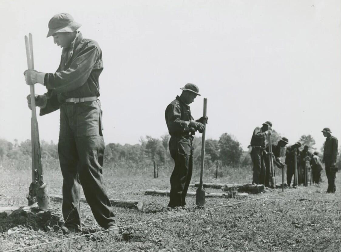 A historical image showing the Civilian Conservation Corps labor force wearing dark work overalls holding hole diggers in preparation of fence pole placement.