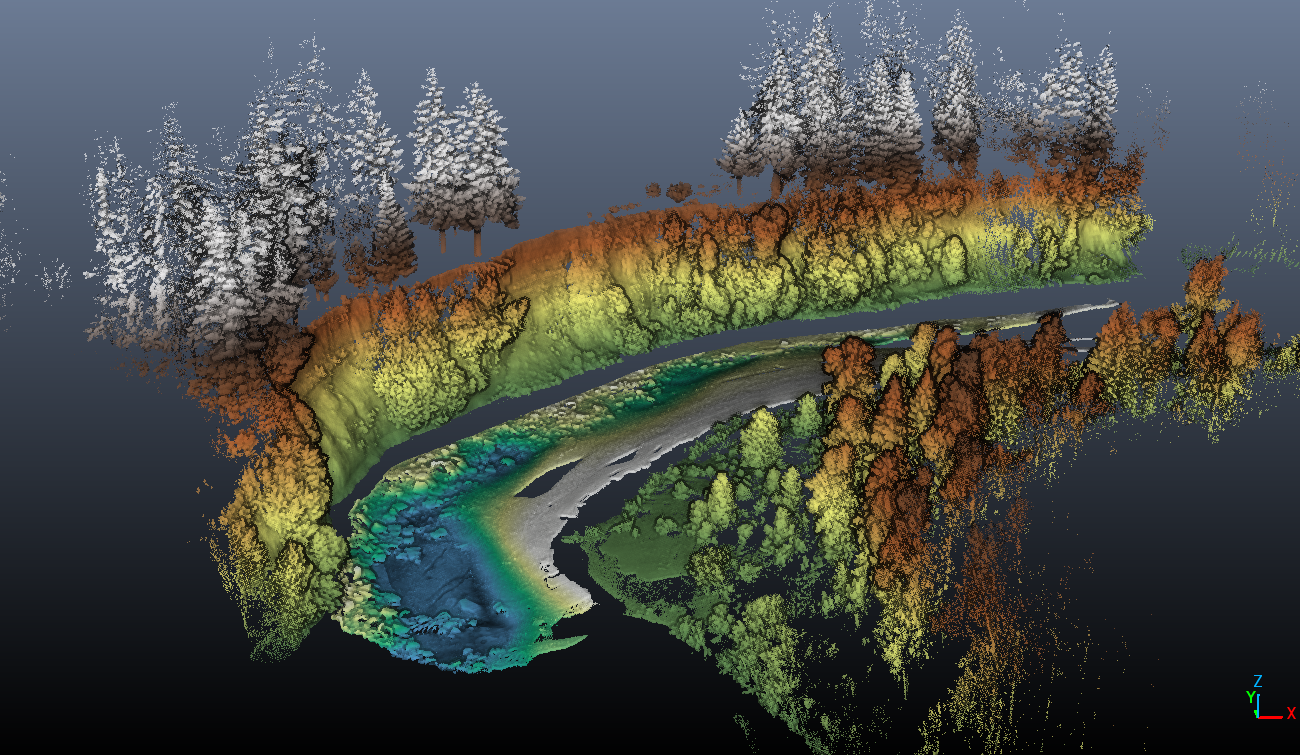 A point cloud of a river channel with steep banks topped with tall trees