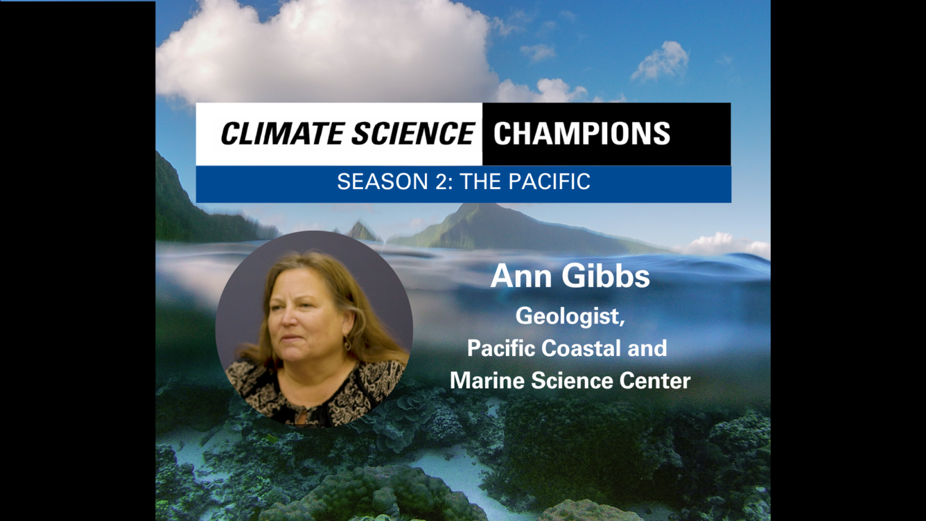 Background of a coral reef beneath waves. Overlaid with a photo of a white woman with light brown hair.