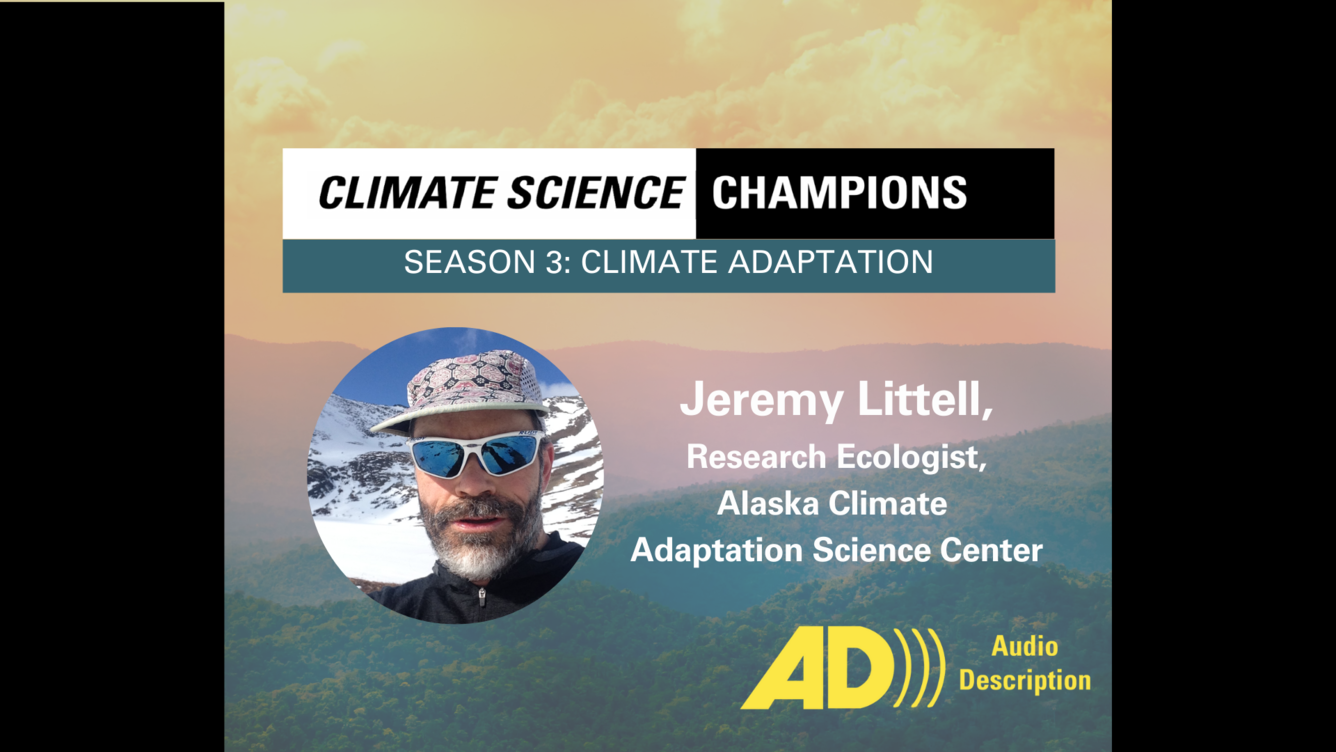 Misty mountains overlaid with a selfie of a bearded man wearing sunglasses standing in front of a glacier. AD version.