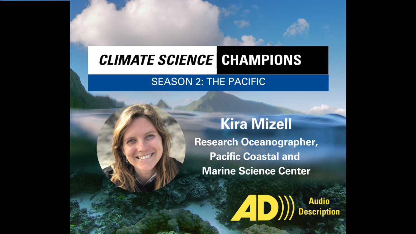 Background of coral reefs beneath waves. Overlaid with photo of smiling white woman with shoulder-length hair.