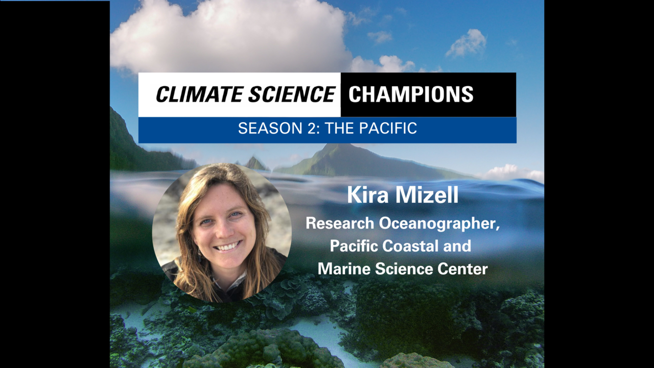 Background of coral reef beneath waves. Overlaid with photo of a smiling white woman with shoulder-length hair.