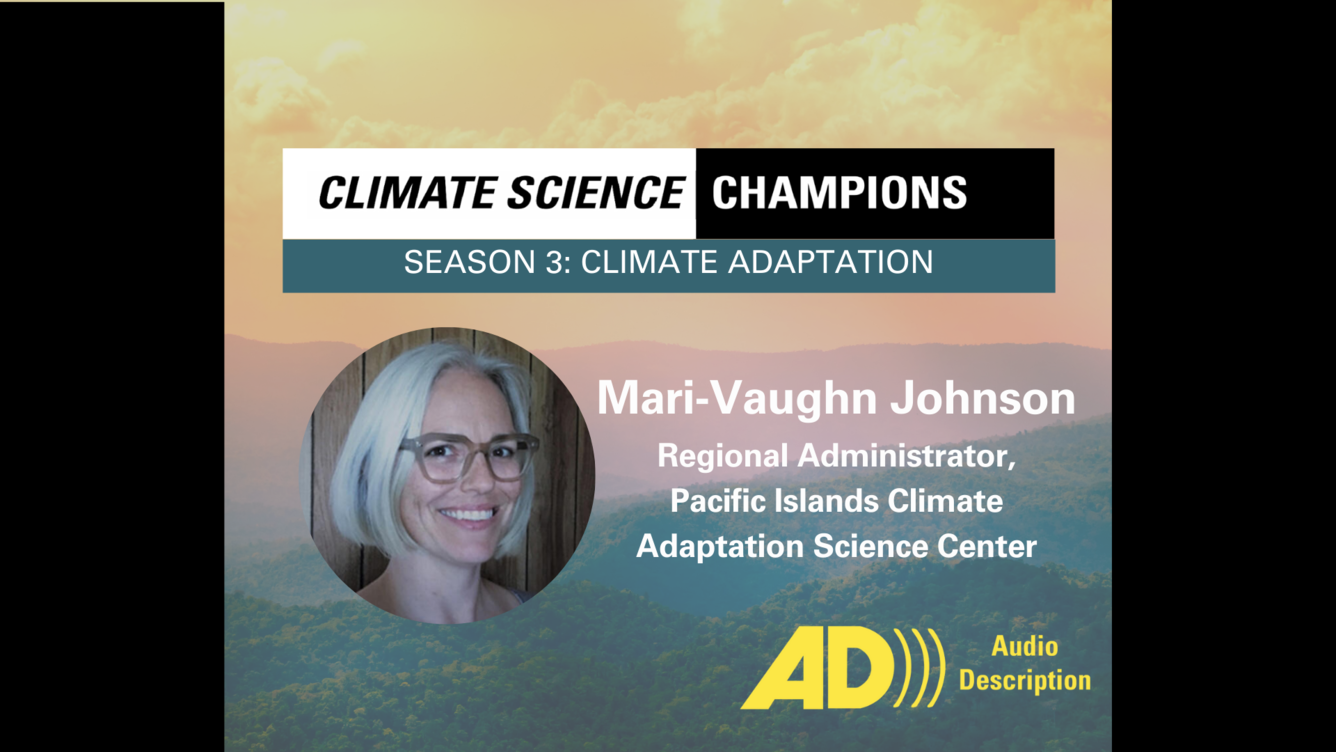 Misty mountains, overlaid with a photo of a smiling white woman with chin-length blond hair wearing glasses. AD version.