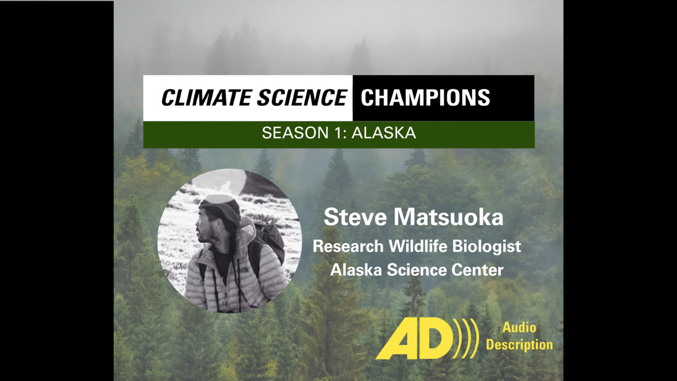 Misty pine trees overlaid with photo of man with short black hair wearing hiking gear on snowy landscape. AD version.