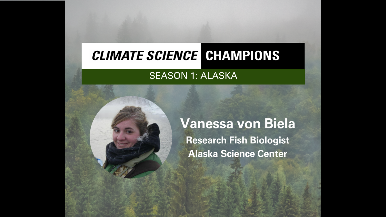 Misty pine trees overlaid with a photo of a smiling blond woman in a heavy parka.