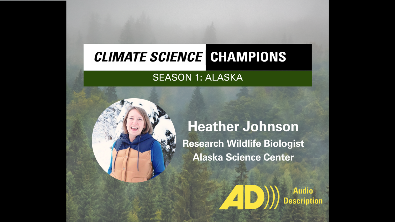 A misty boreal forest overlaid with an image of a brown-haired white woman in a parka. "Audio Description" icon in corner.