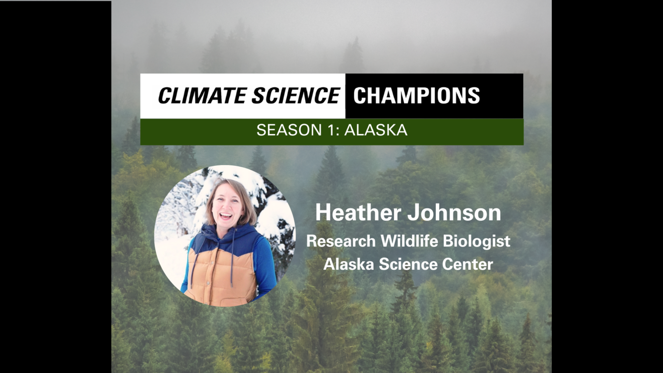 Background of a misty boreal forest, overlaid with an image of smiling white woman with short brown hair wearing a parka