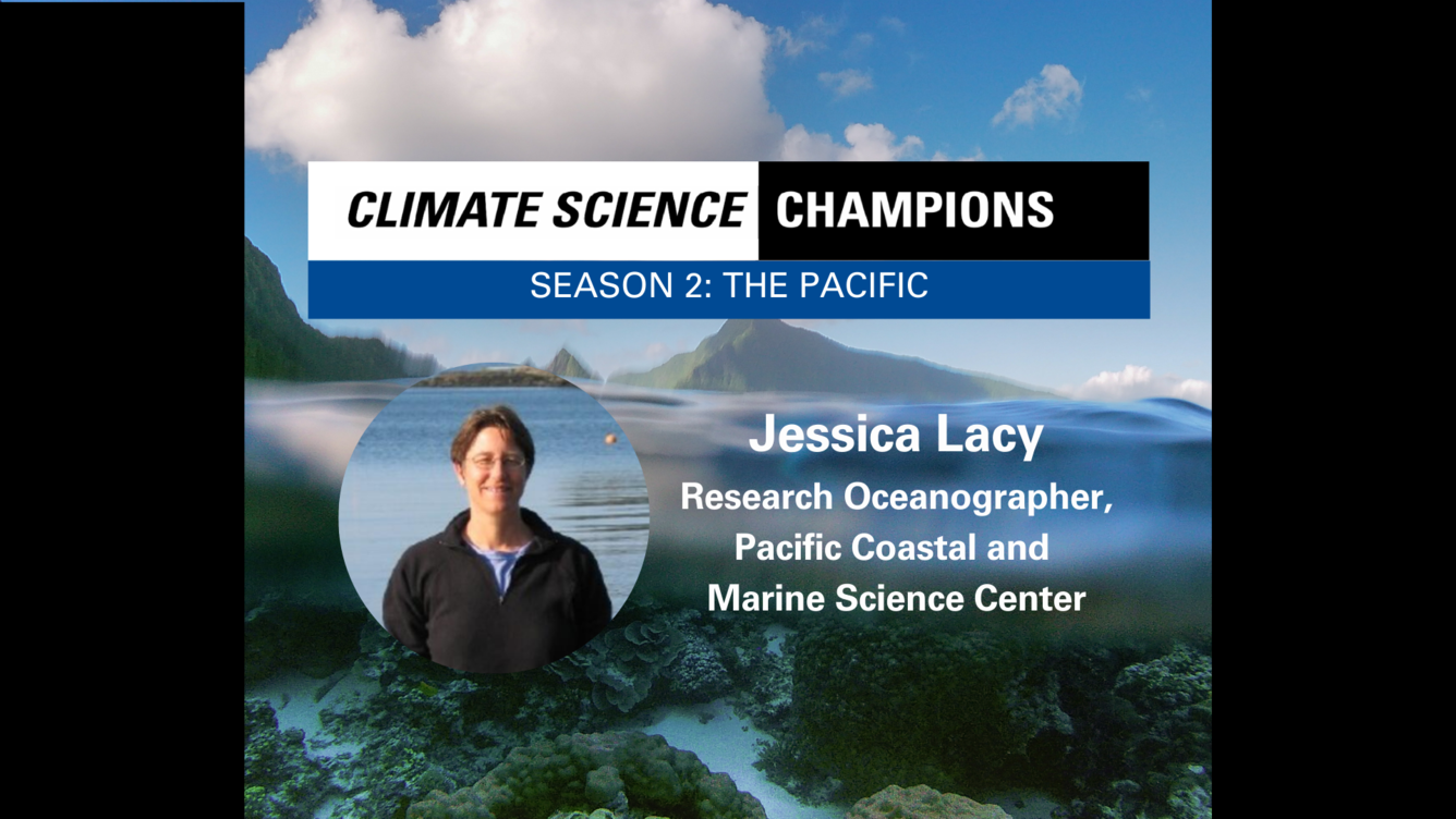 Background shows coral reefs beneath waves. Overlaid photo shows smiling white woman with short hair.