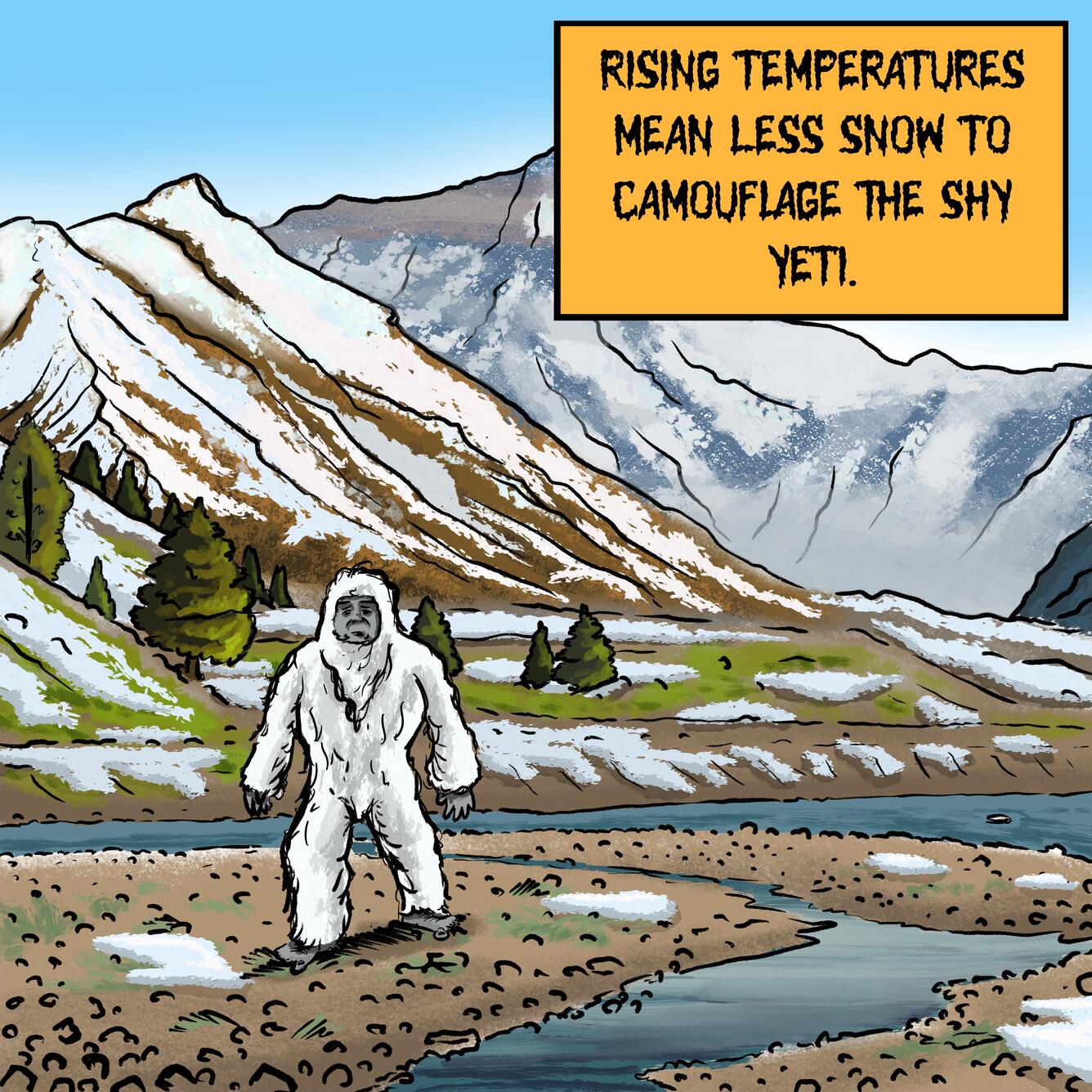 A white Yeti wandering around the foot of a mountain range dotted with pockets of snow on a brown landscape.