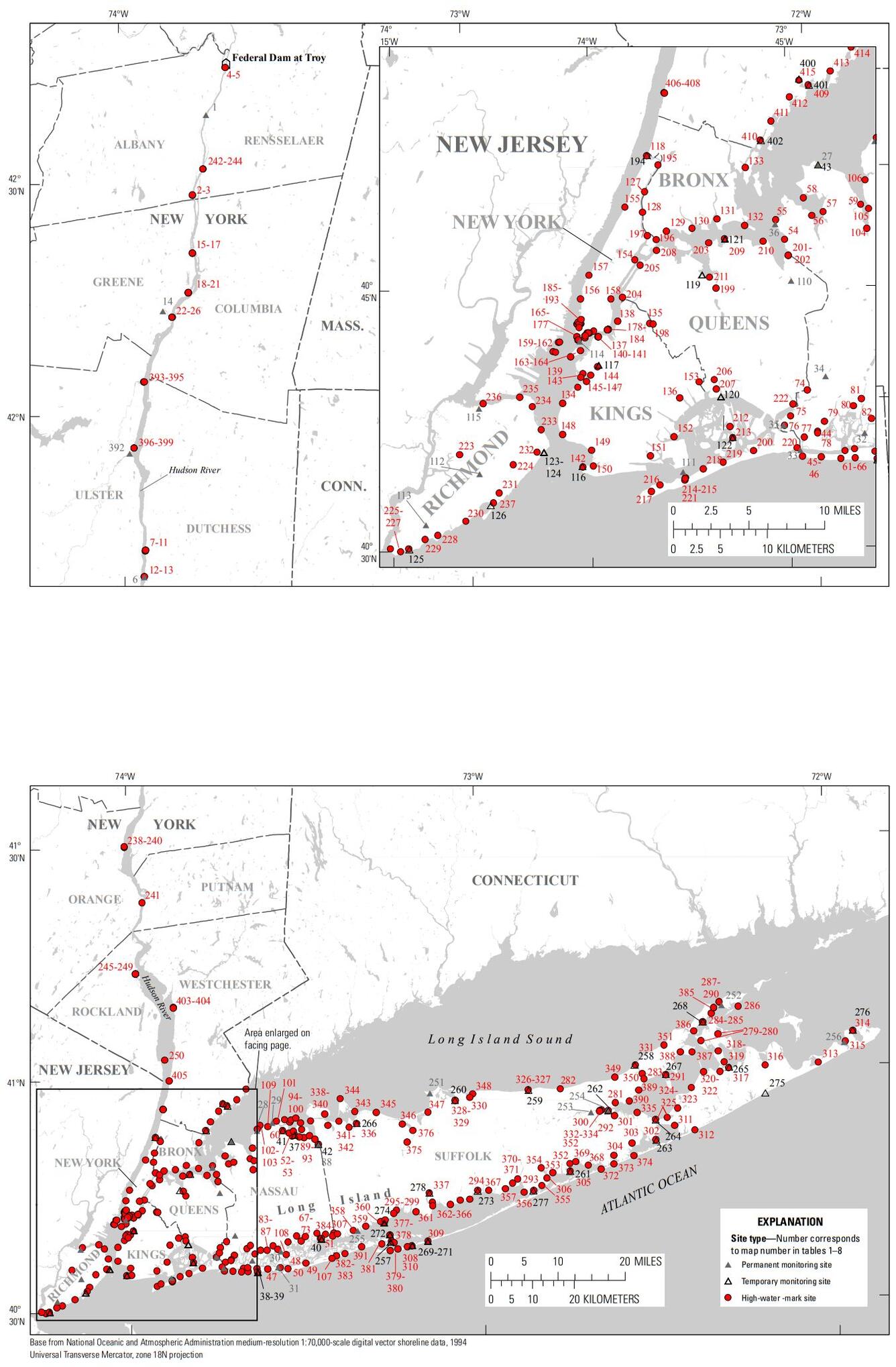 Locations of permanent and temporary monitoring sites and high-water-mark sites that documented the storm tide of Hurricane Sandy in New York counties.