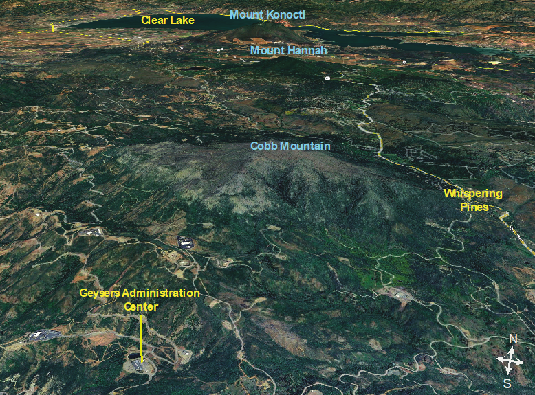 An oblique map view of Cobb Mountain and surrounding landscape, featuring Clear Lake, Mount Konocti, and The Geysers