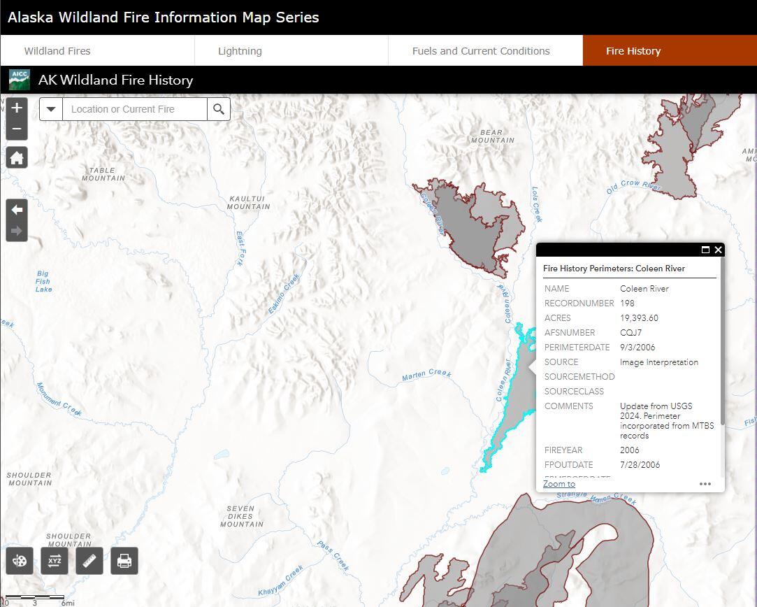 Screenshot of map of part of Alaska with white background and gray areas of past fires