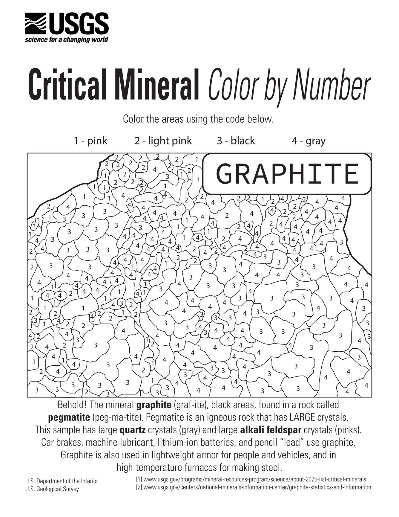 Color by number page about the critical mineral graphite