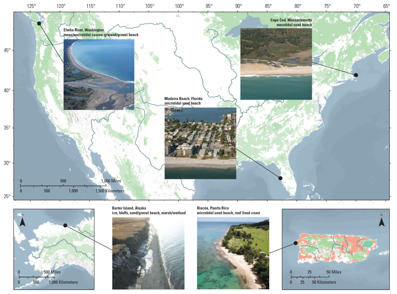 Maps of five study sites spread across the conterminous United States, Alaska, and the Island of Puerto Rico