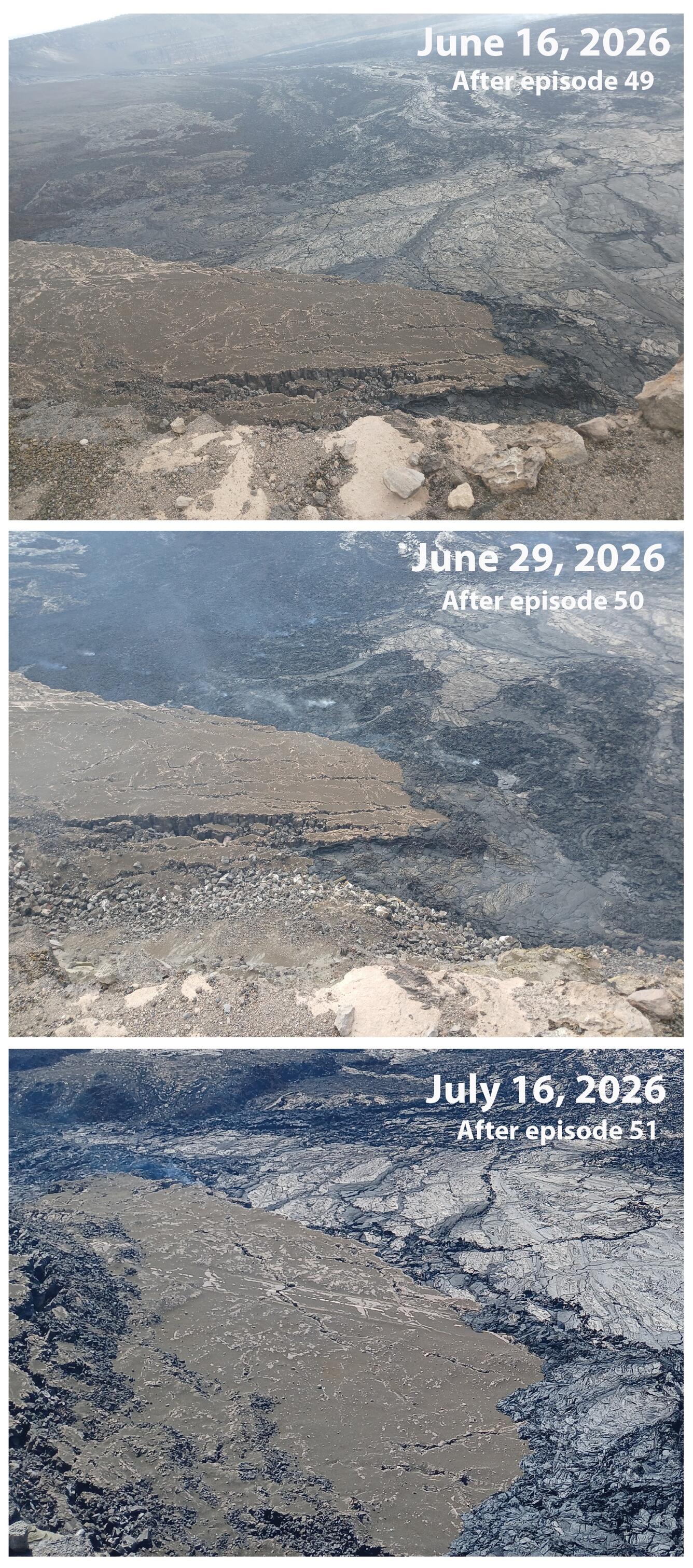 Color photographs showing lava covering a broken road over time