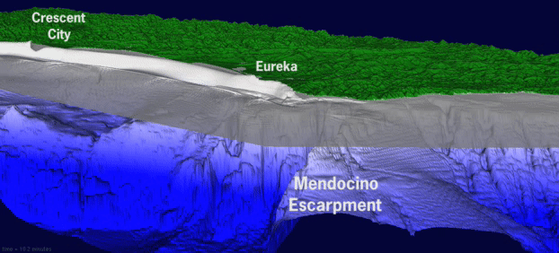 Animation depicts what a hypothetical tsunami wave would look like as it approaches a coast.