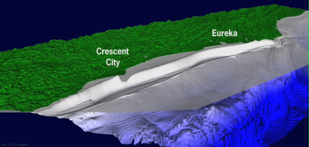 Animation depicts what a hypothetical tsunami wave would look like as it approaches a coast.