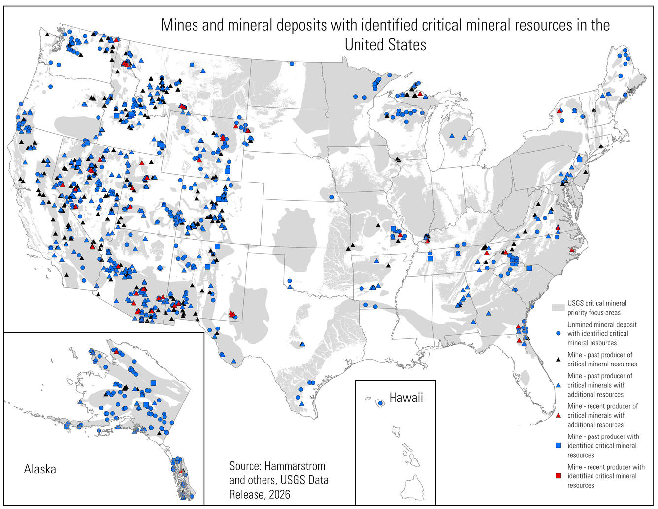 map of the U.S. showing locations of mines and mineral deposits with identified critical minerals