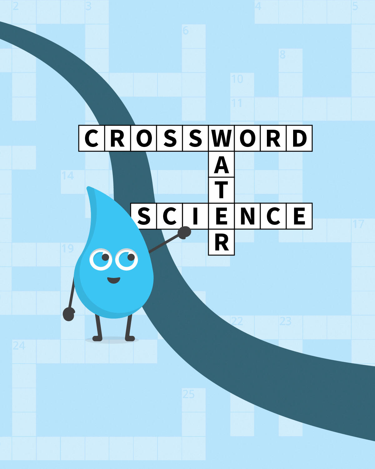 Image of Drippy pointing at crossword-styles saying Crossword - Water - Science