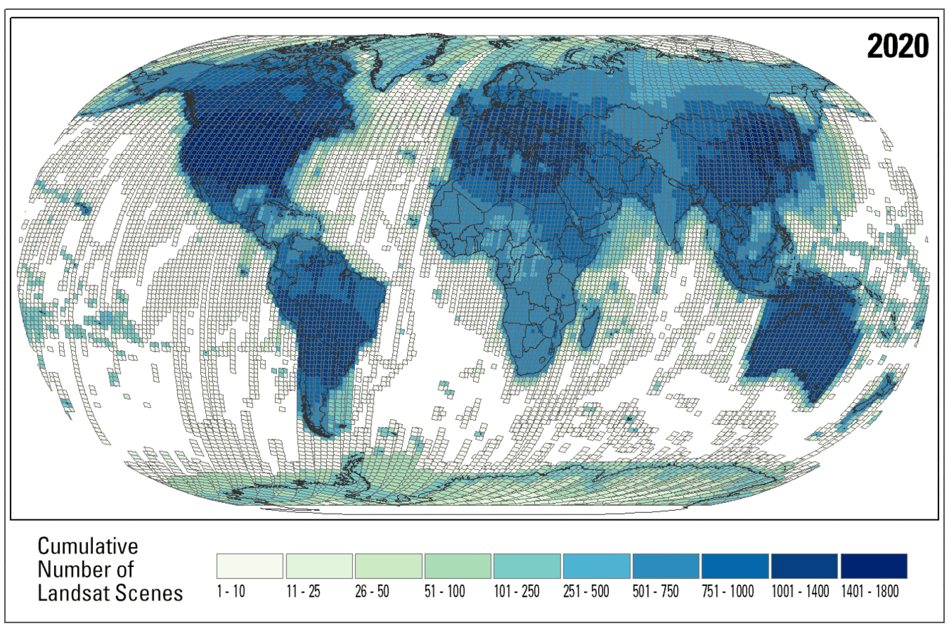 Graphic showing the cumulative number of scenes per path/row in the Landsat archive