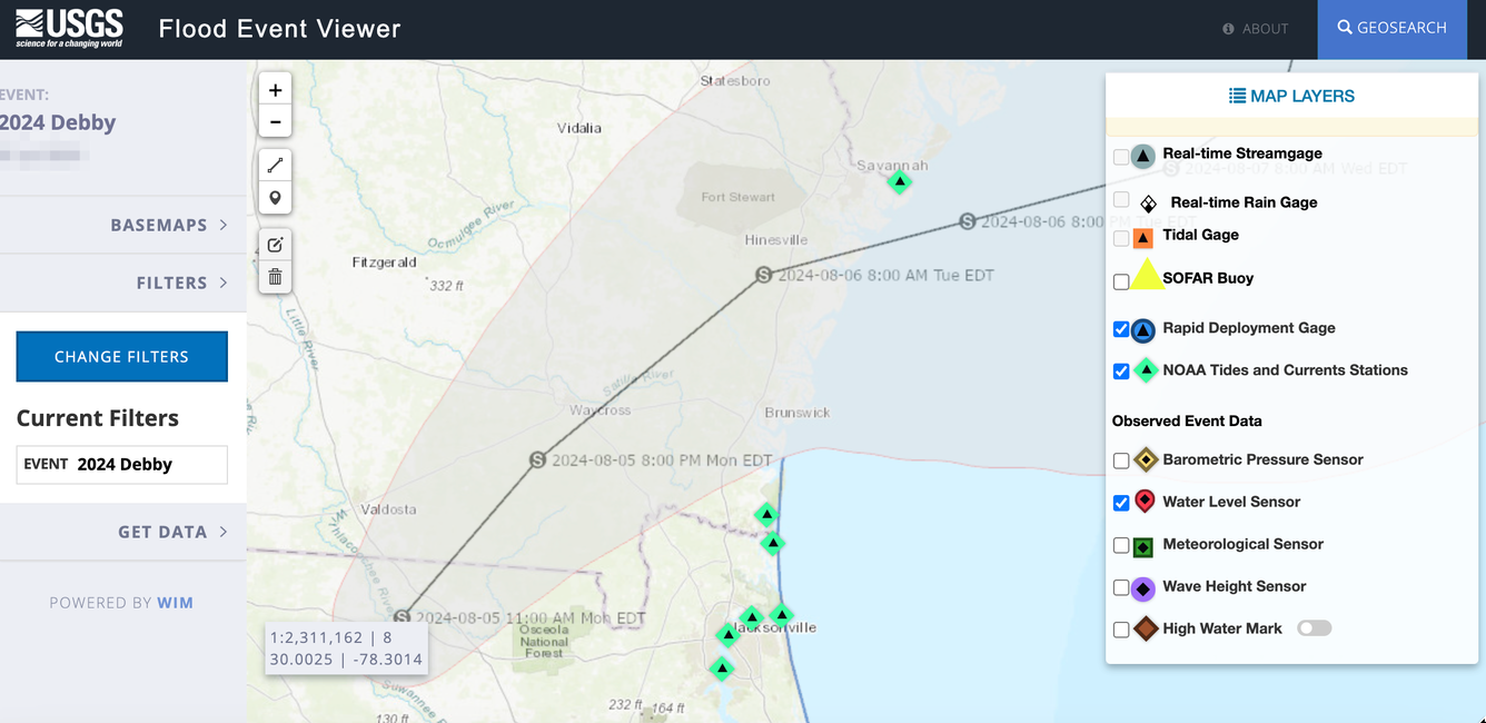 flood event viewer showing hurricane track and water data