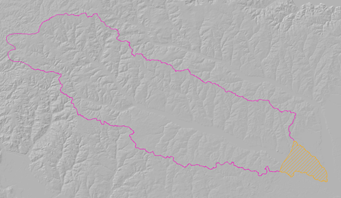 A hillshade image with a magenta line circling part of the area. On one end is a orange hatch area. 