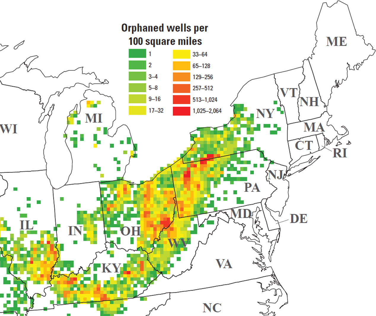Map of northeastern United States with colored blocks grading from green to red