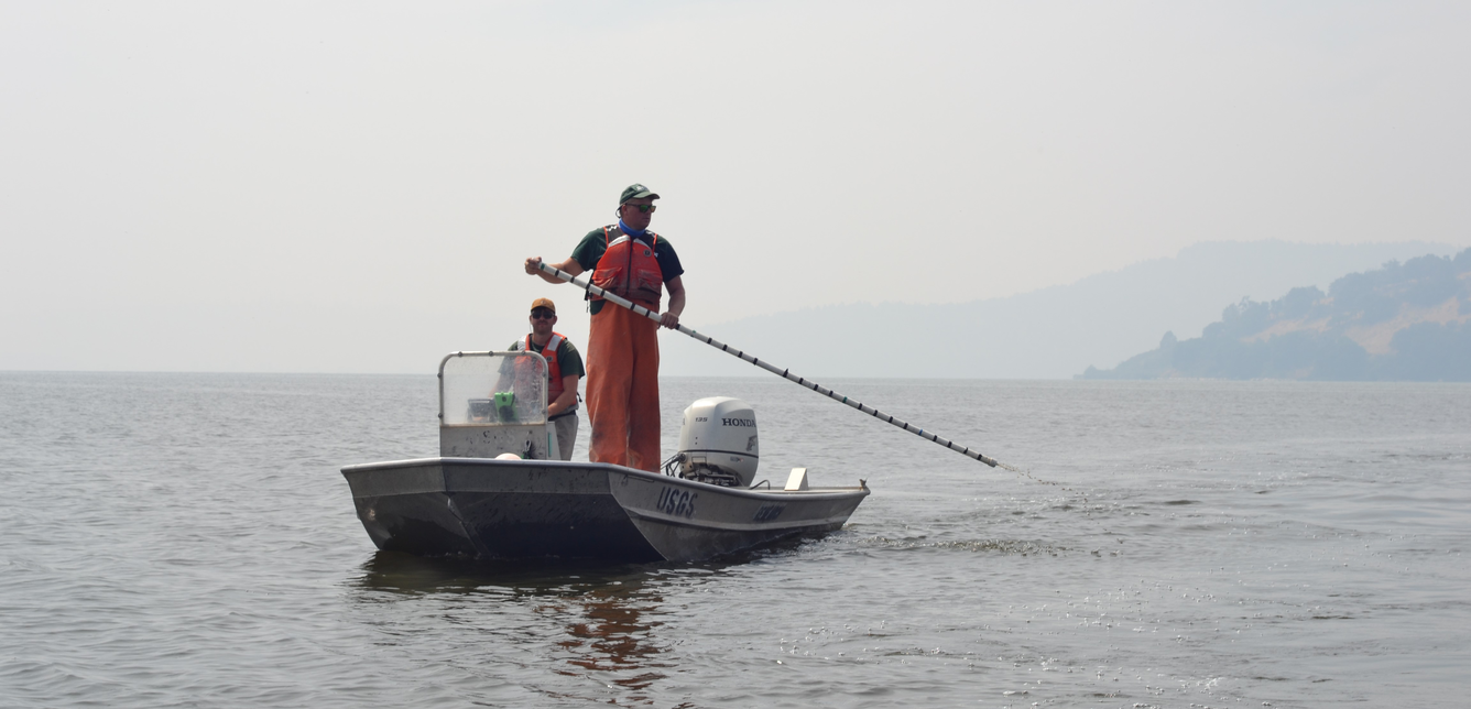 boat with USGS fisheries scientists on Upper Klamath Lake, OR