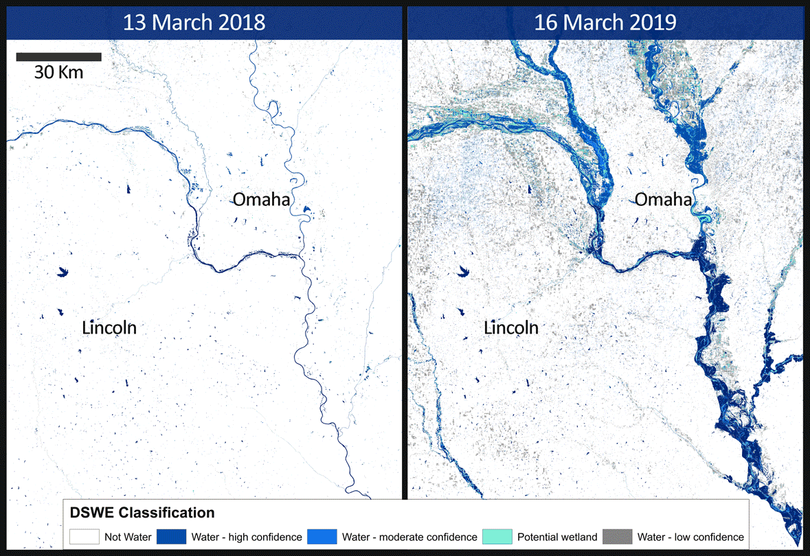 Animation showing Omaha, Nebraska area, using Landsat Level-3 Dynamic Surface Water Extent product